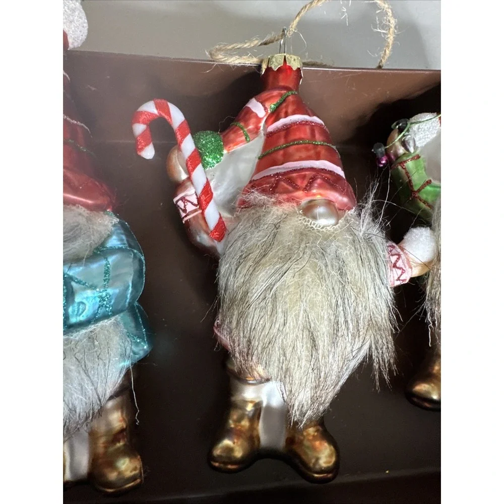 POTTERY BARN - New Mercury Glass GNOME Ornament w/ Faux Fur Beard - Set Of 5